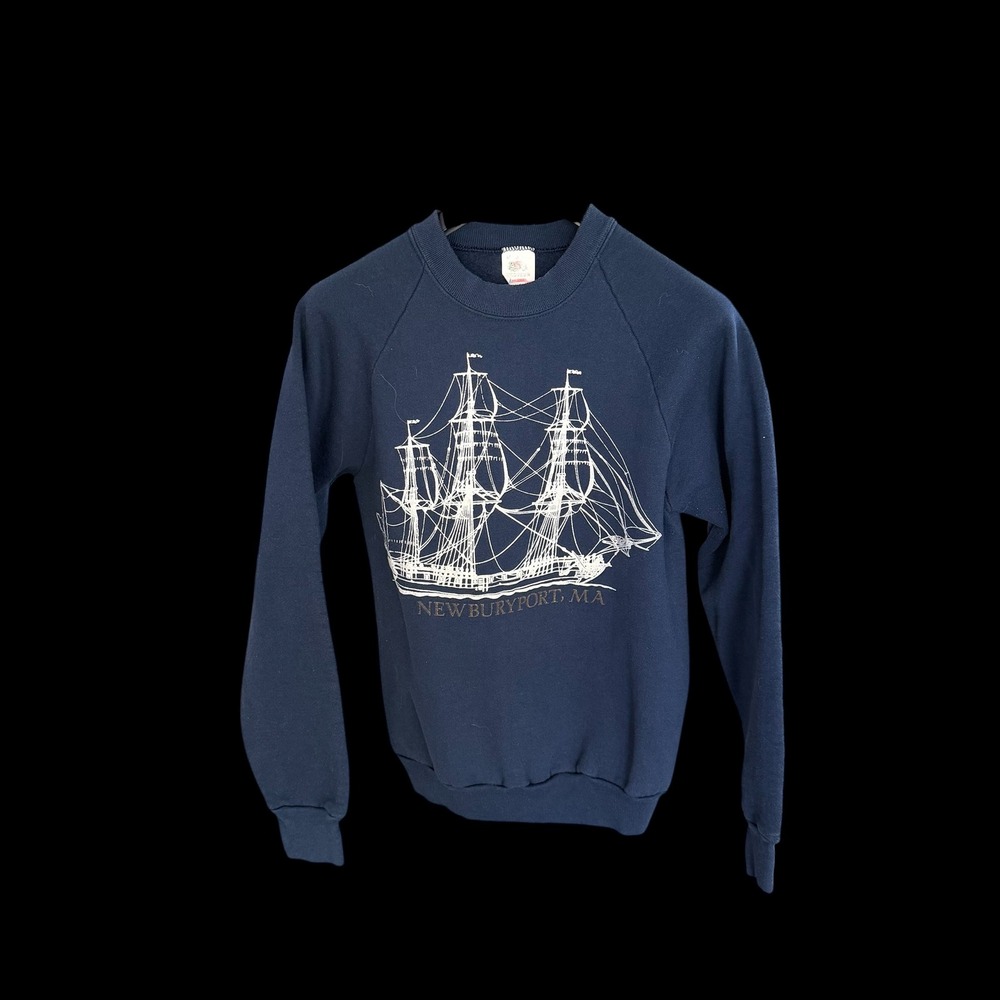 Vintage 80s Newburyport MA Ship Sweatshirt Navy Blue Medium
